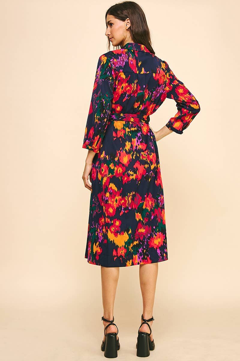 BUTTON DOWN MIDI DRESS - INK MULTI