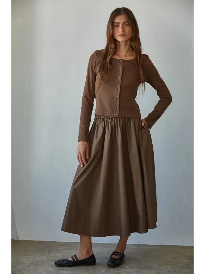 Woven Cotton Elastic Waist Flare Midi Skirt