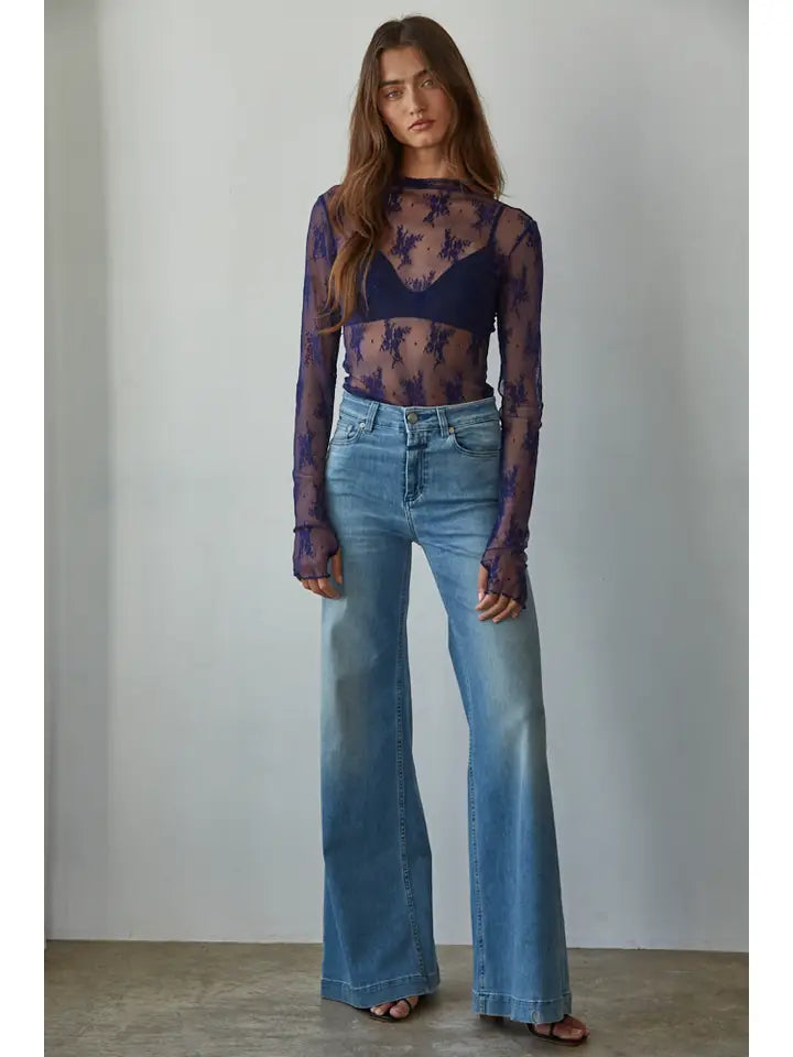 Knit Jacquard Lace Long Sleeve Mock Neck Top