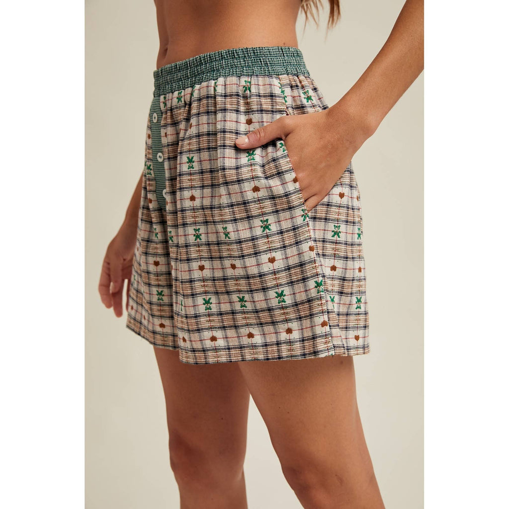 HEART TEDDY BEAR PLAID BOXER SHORTS / WL25-11087
