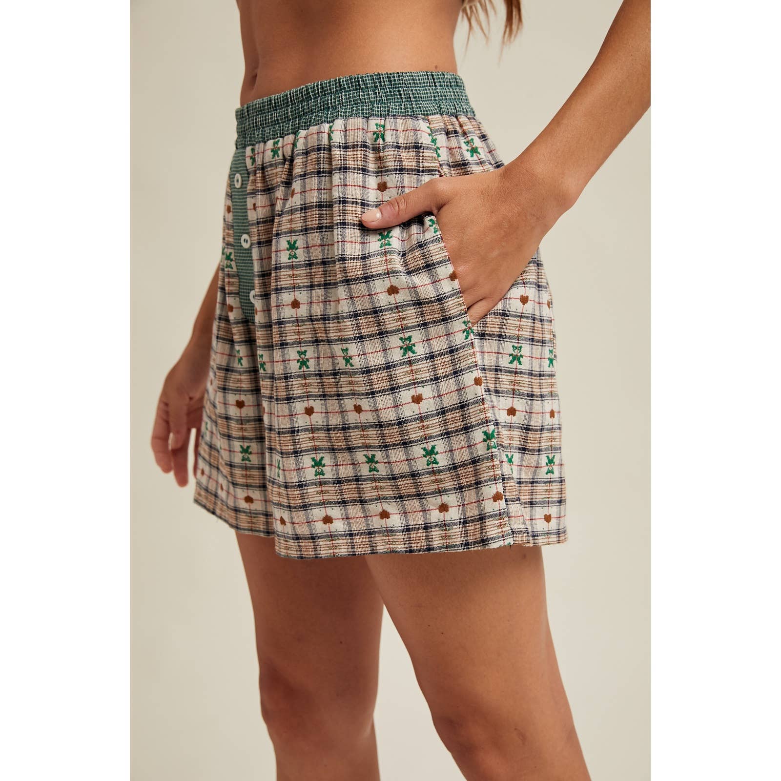 HEART TEDDY BEAR PLAID BOXER SHORTS / WL25-11087