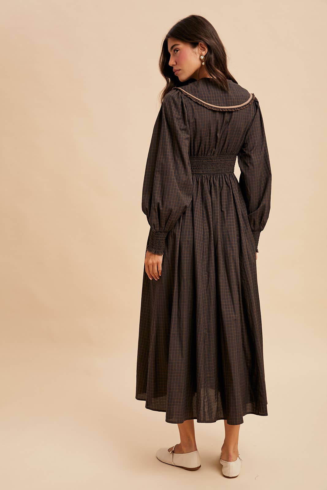 STATEMENT COLLAR SURPLICE PLAID MAXI DRESS