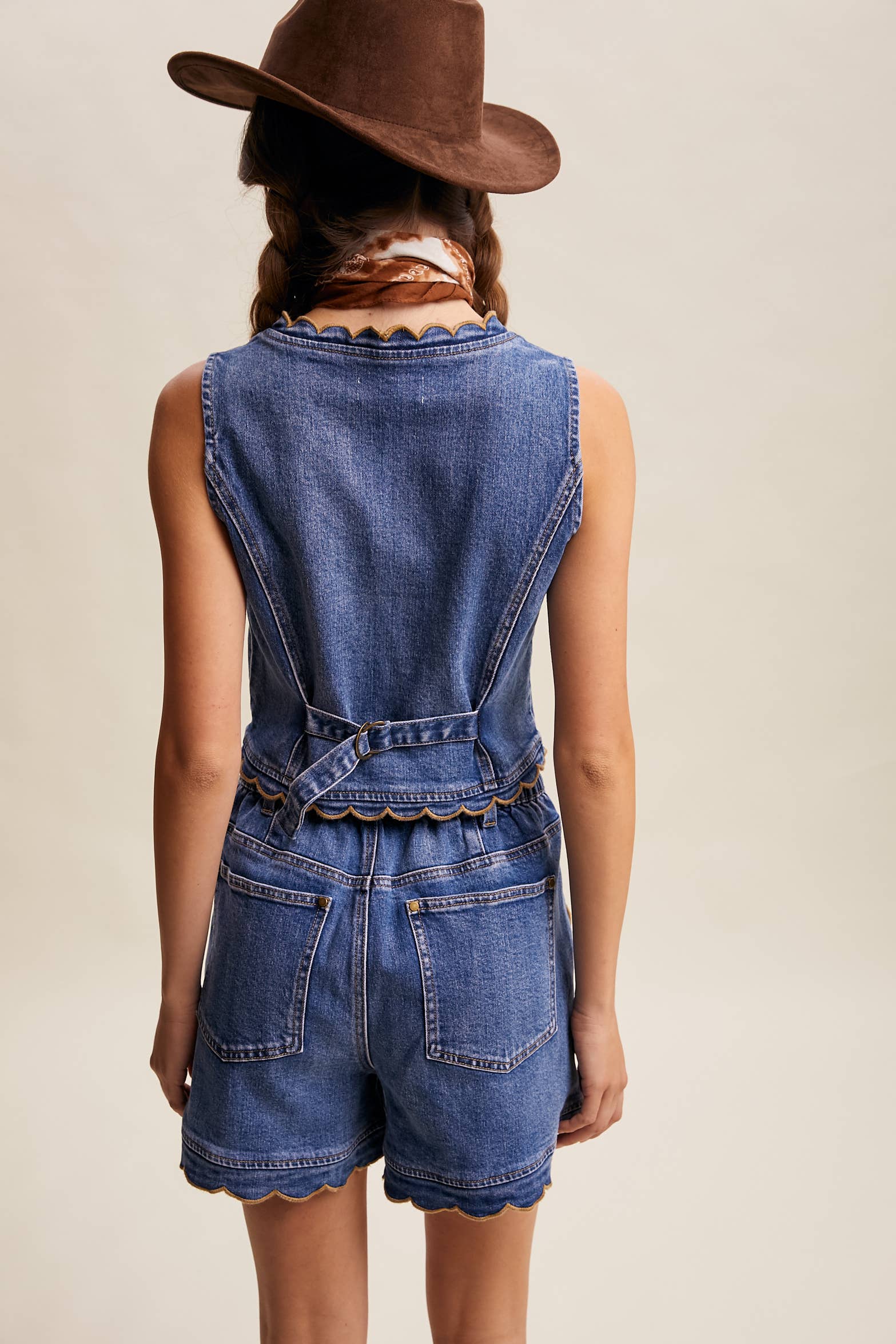 Scallop Button-Side Stretch Denim Shorts