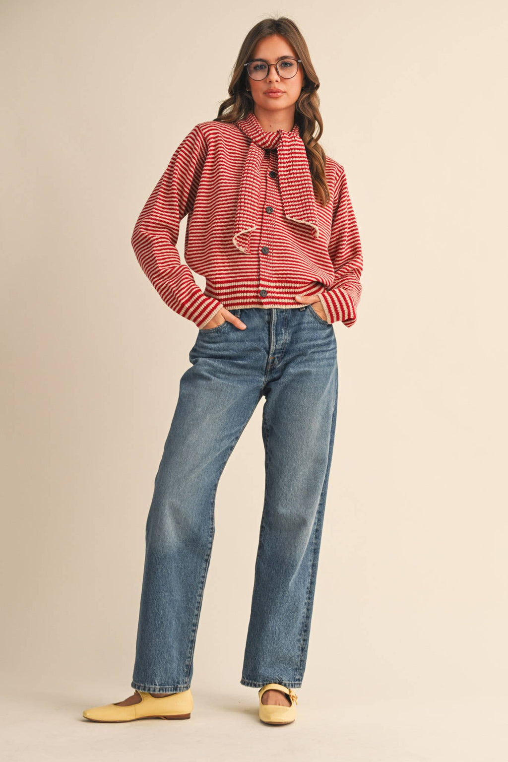 STRIPED TYING NECK SWEATER CARDIGAN MSW11125