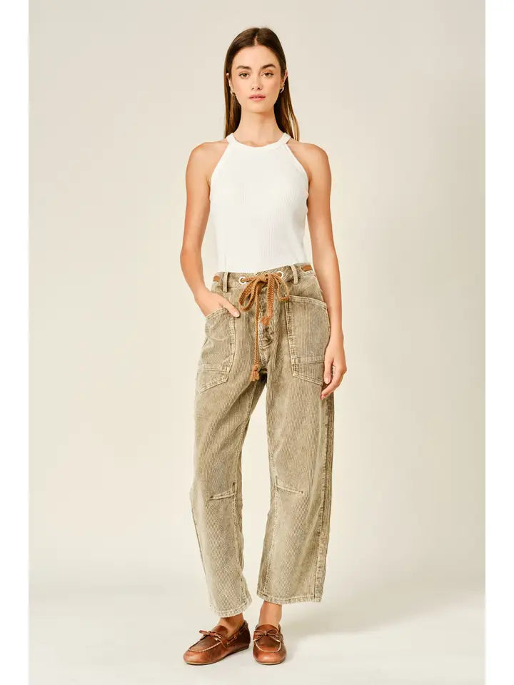 Barrel Corduroy Pants with Eyelet Waist