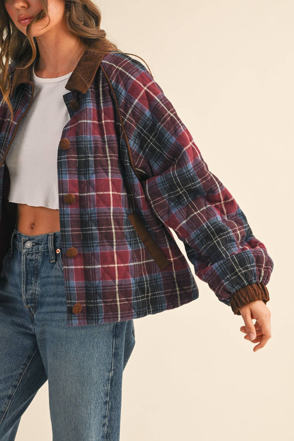 PLAID QUILTED JACKET WITH CONTRAST CORDUROY DETAIL MJK4115