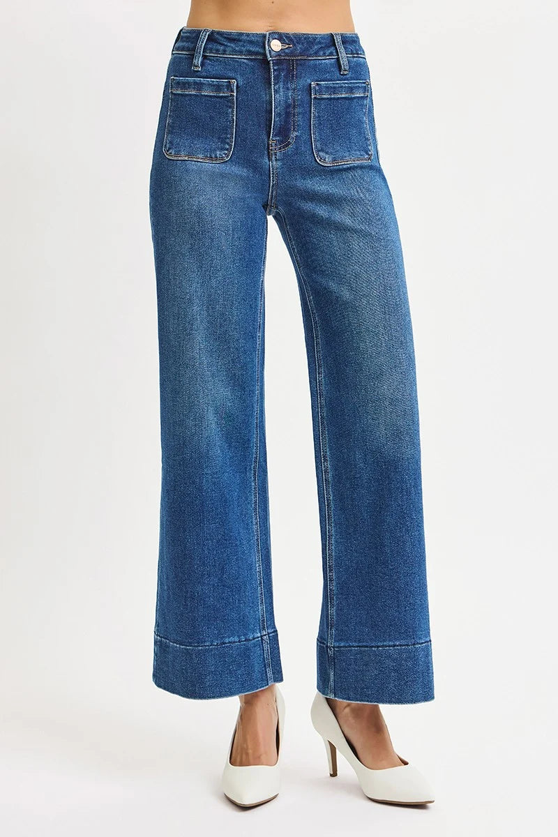 Risen High Rise Crop Wide Front Patch Pocket Jeans