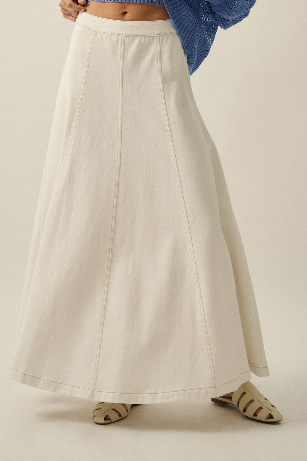 Twill Denim Paneled A-Line Maxi Skirt