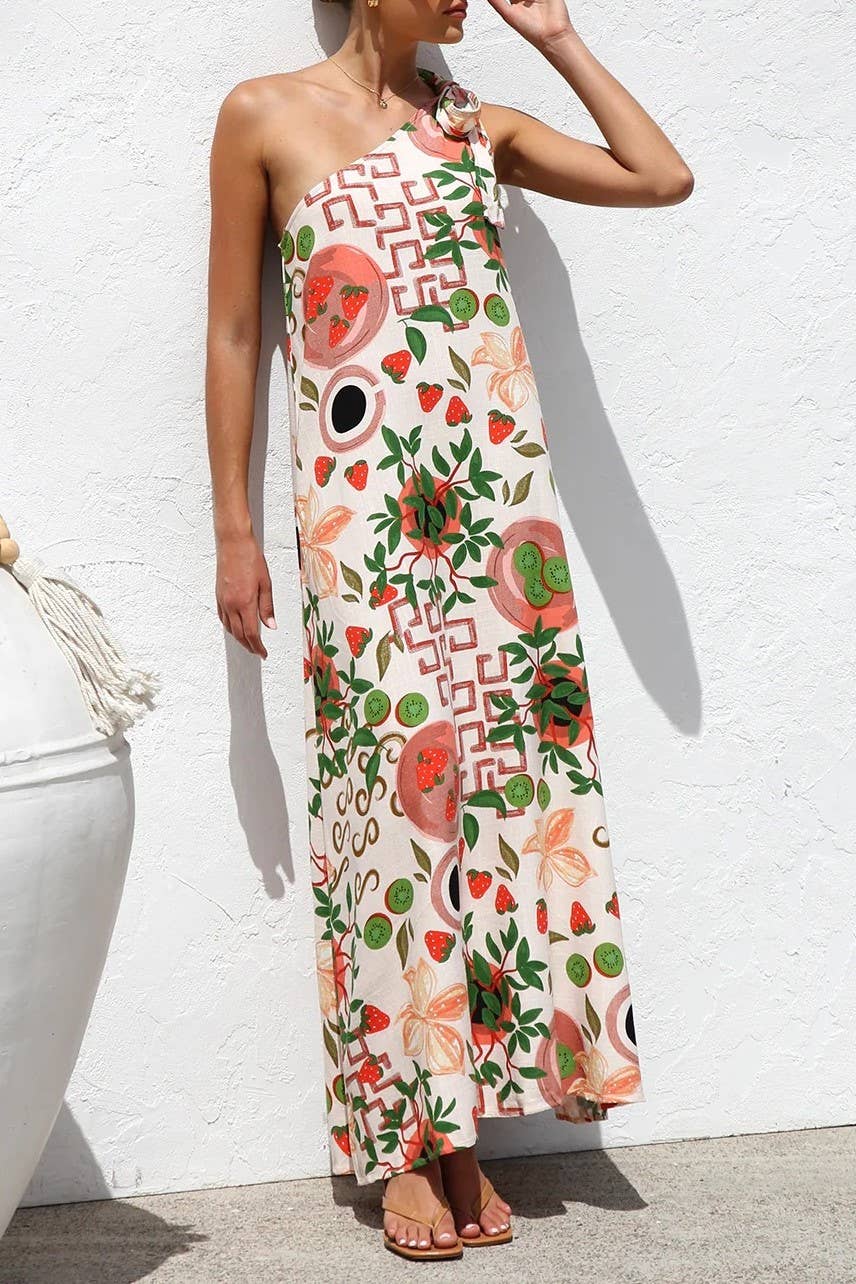 Floral botanical fruit print one shoulder dress