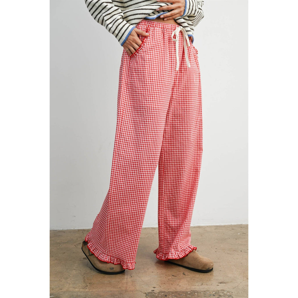 Gingham Ruffle Hem Cropped Pants