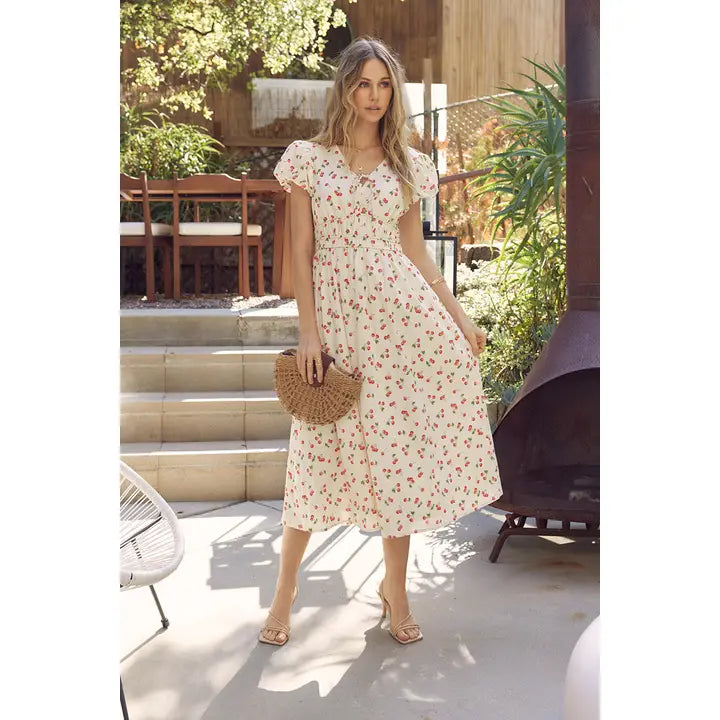 PLAYFUL PREPPY CHARM OF FRUIT PRINTED PUFF SLEEVE MIDI DRESS