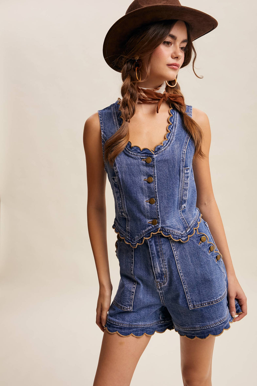 Scallop Trim Stretch Denim Vest
