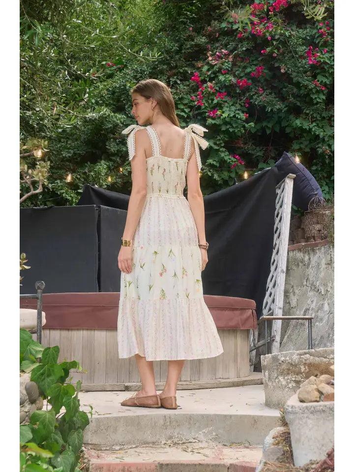 Mix Floral Print Smocked Tiered Midi Dress