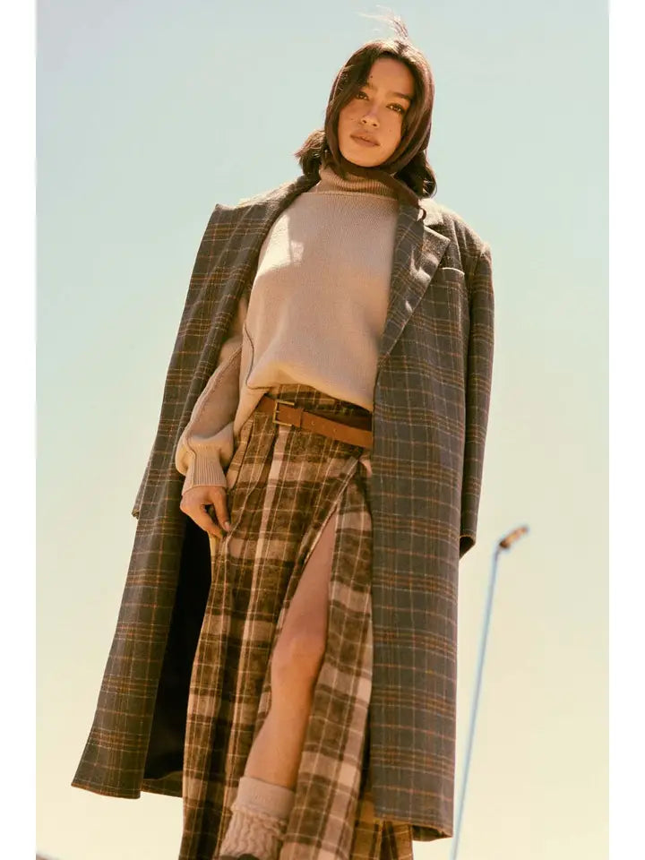 Plaid Felt Double-Breasted Calf-Length Overcoat