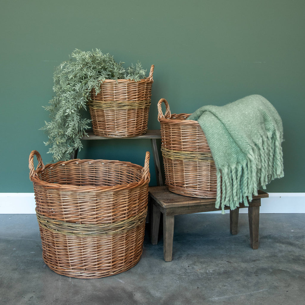 WOVEN BASKETS W/ GREEN STRIPE LARGE