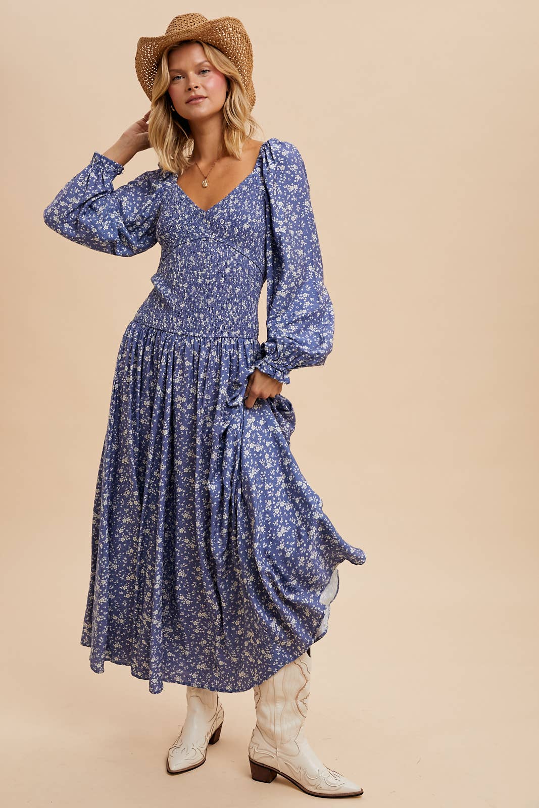 SMOCKED DROPWAIST MAXI DRESS