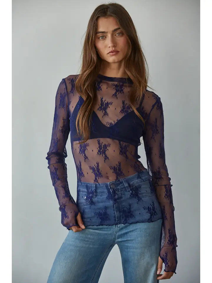 Knit Jacquard Lace Long Sleeve Mock Neck Top