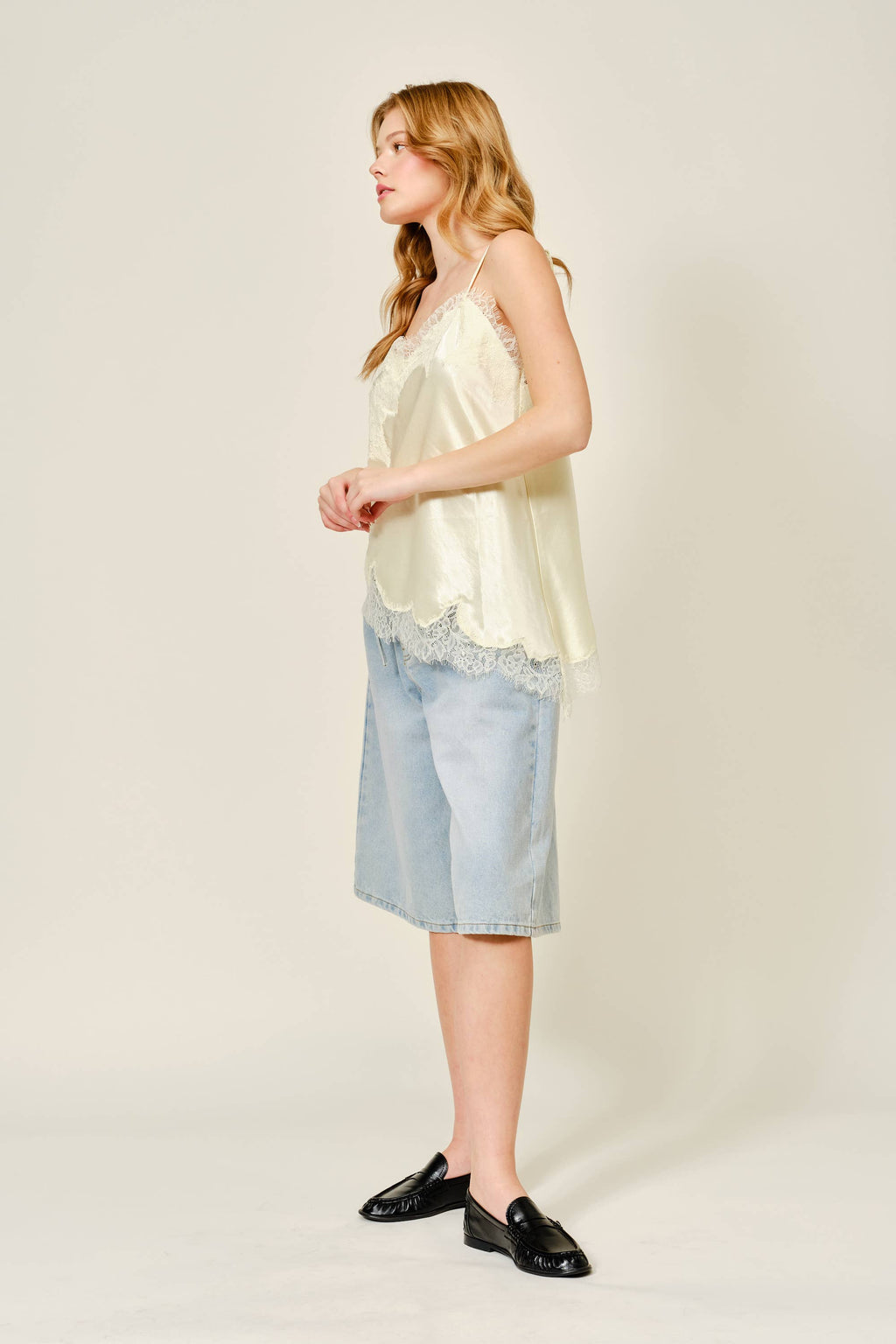 Aaron & Amber Champagne Satin Lace Top - Asymmetrical Cami