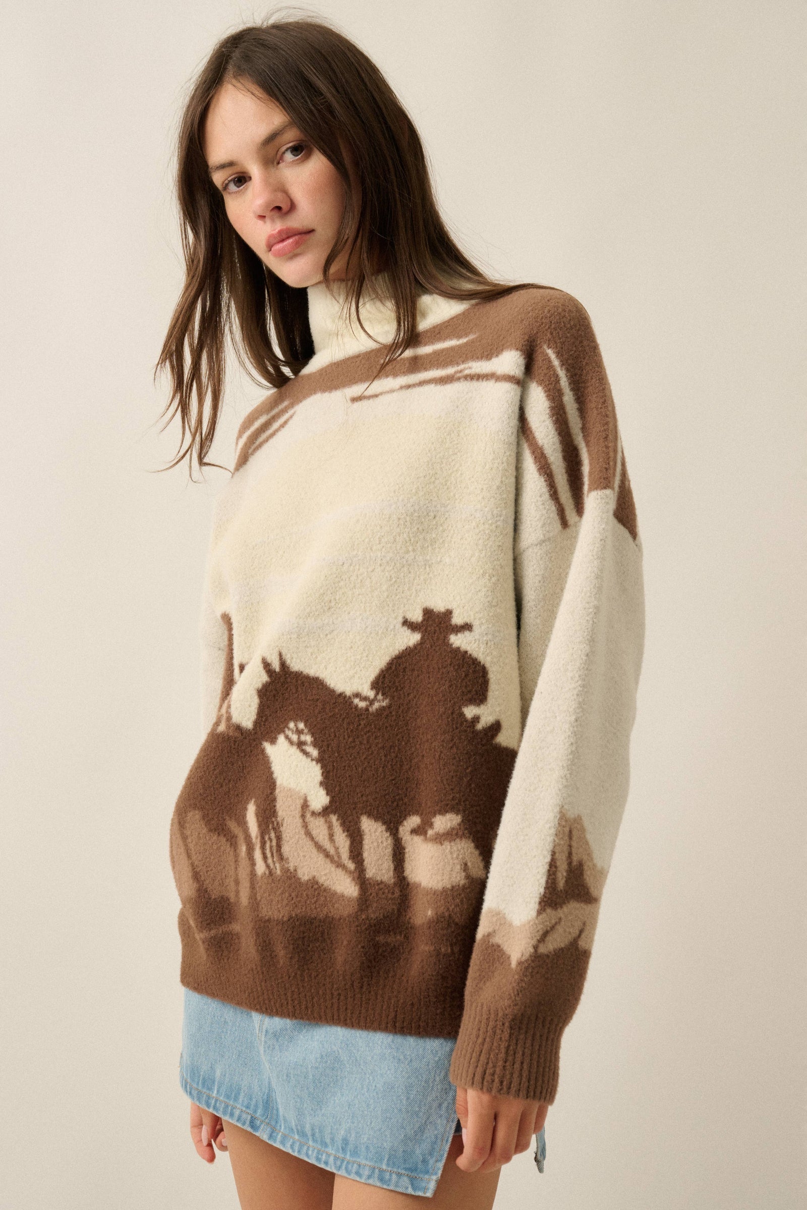 Western Landscape Jacquard-Knit Mock-Neck Sweater