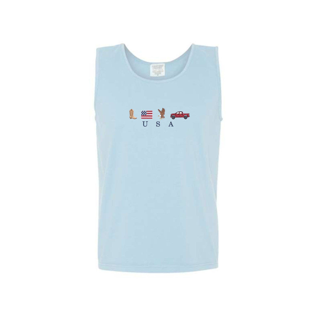 Embroidered USA Icons Comfort Colors Tank Top | 4th of July Americana