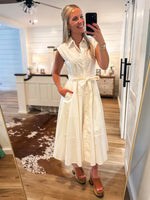 BUTTON DOWN TIERED MIDI DRESS- WHITE