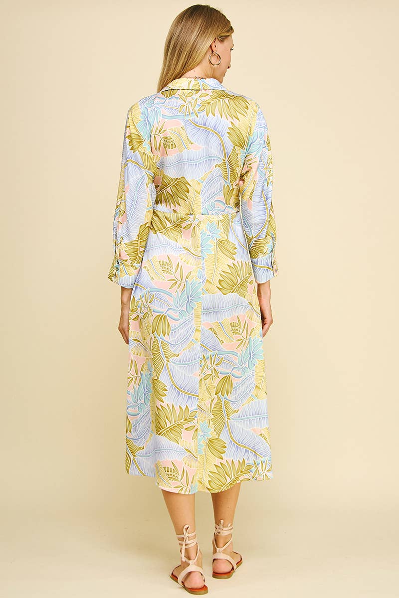 PRINT BUTTON DOWN MIDI DRESS