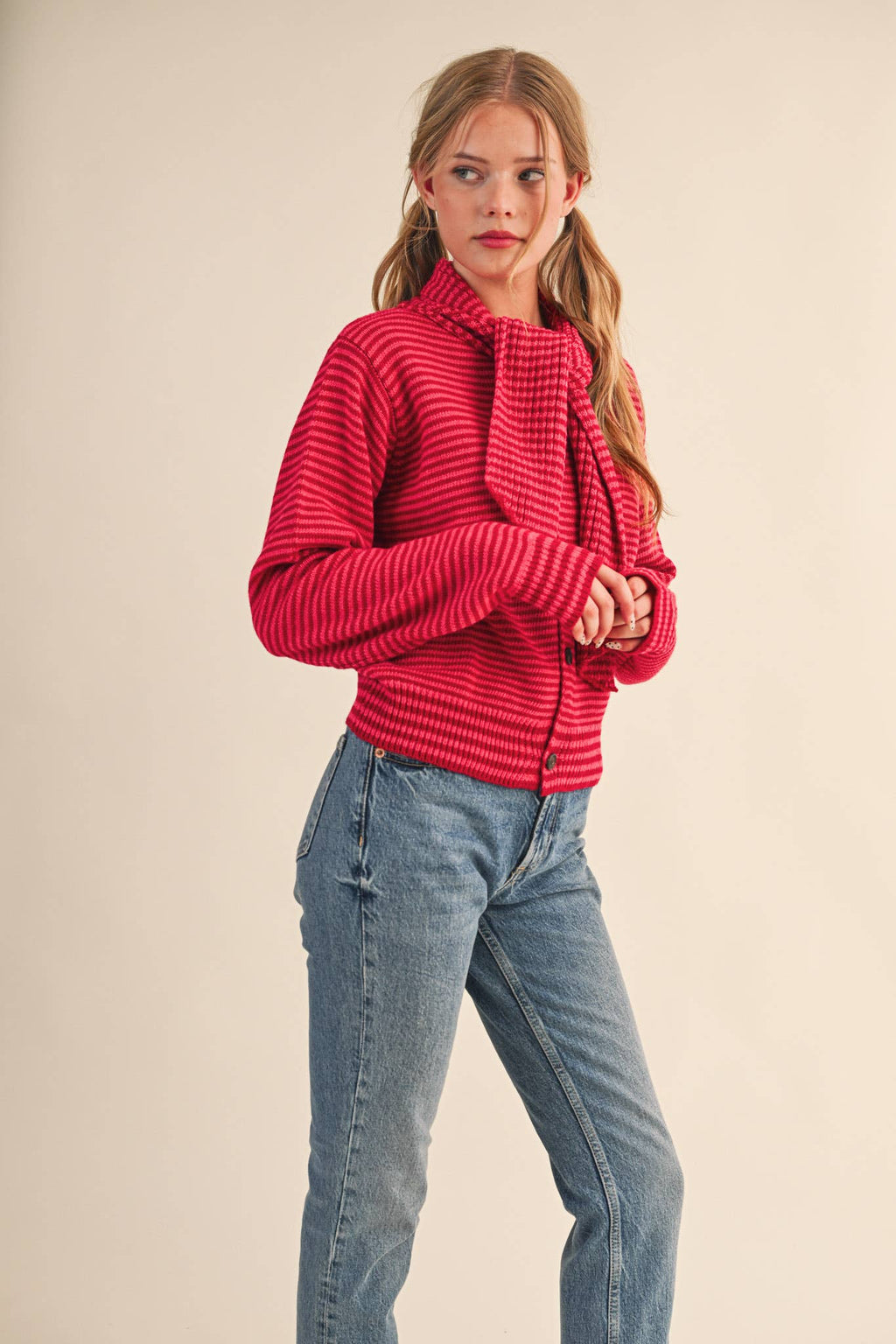 STRIPED TYING NECK SWEATER CARDIGAN MSW11125