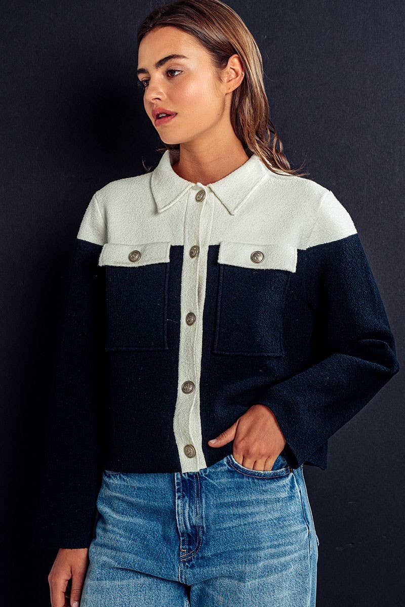 Colorblock Button-Up Cropped Coat