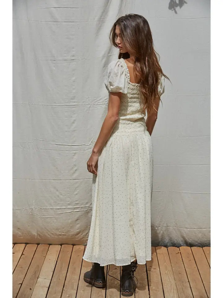 Woven Polyester Flocked Velvet Dot Print Flare Maxi