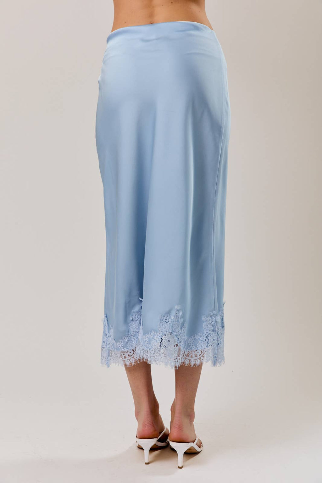 LACE APPLIQUE SATIN BIAS MIDI SKIRT