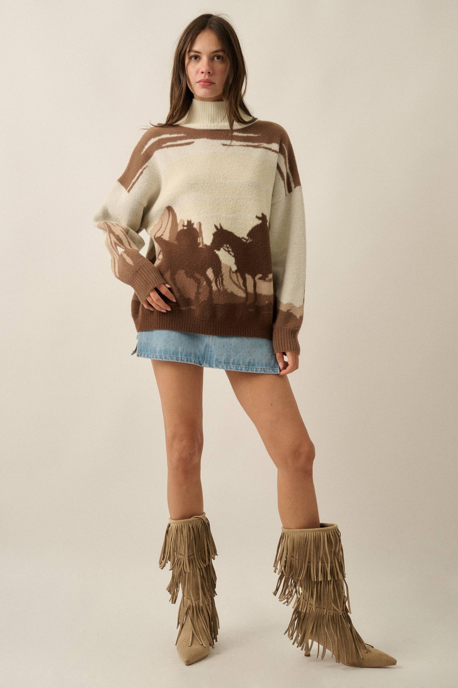 Western Landscape Jacquard-Knit Mock-Neck Sweater