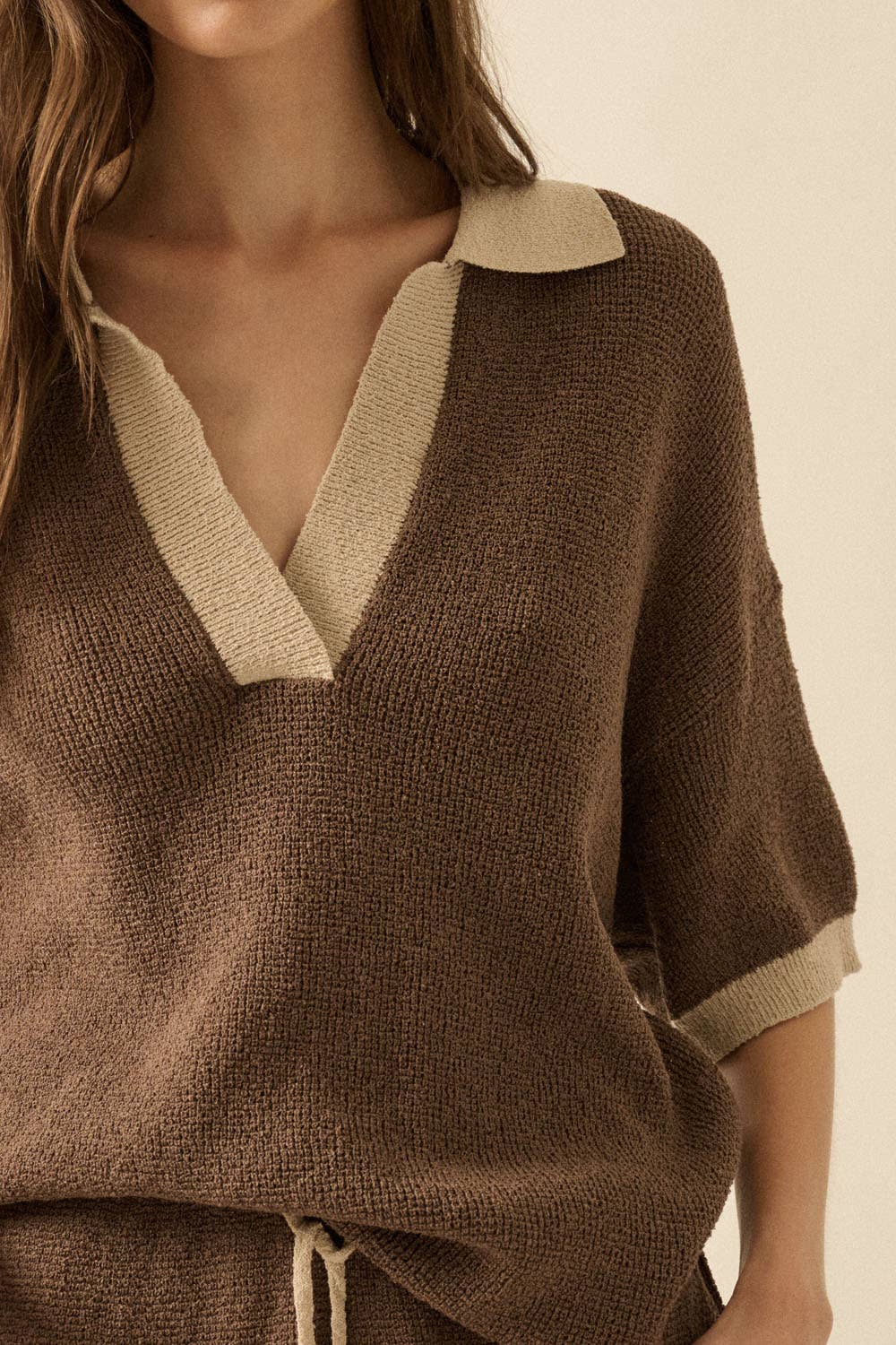 Solid Knit Contrast Short-Sleeve Polo Sweater