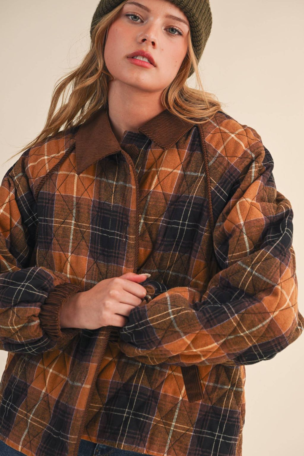 PLAID QUILTED JACKET WITH CONTRAST CORDUROY DETAIL MJK4115