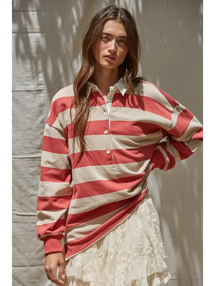 Knit Cotton Striped French Terry Collar Neck Top
