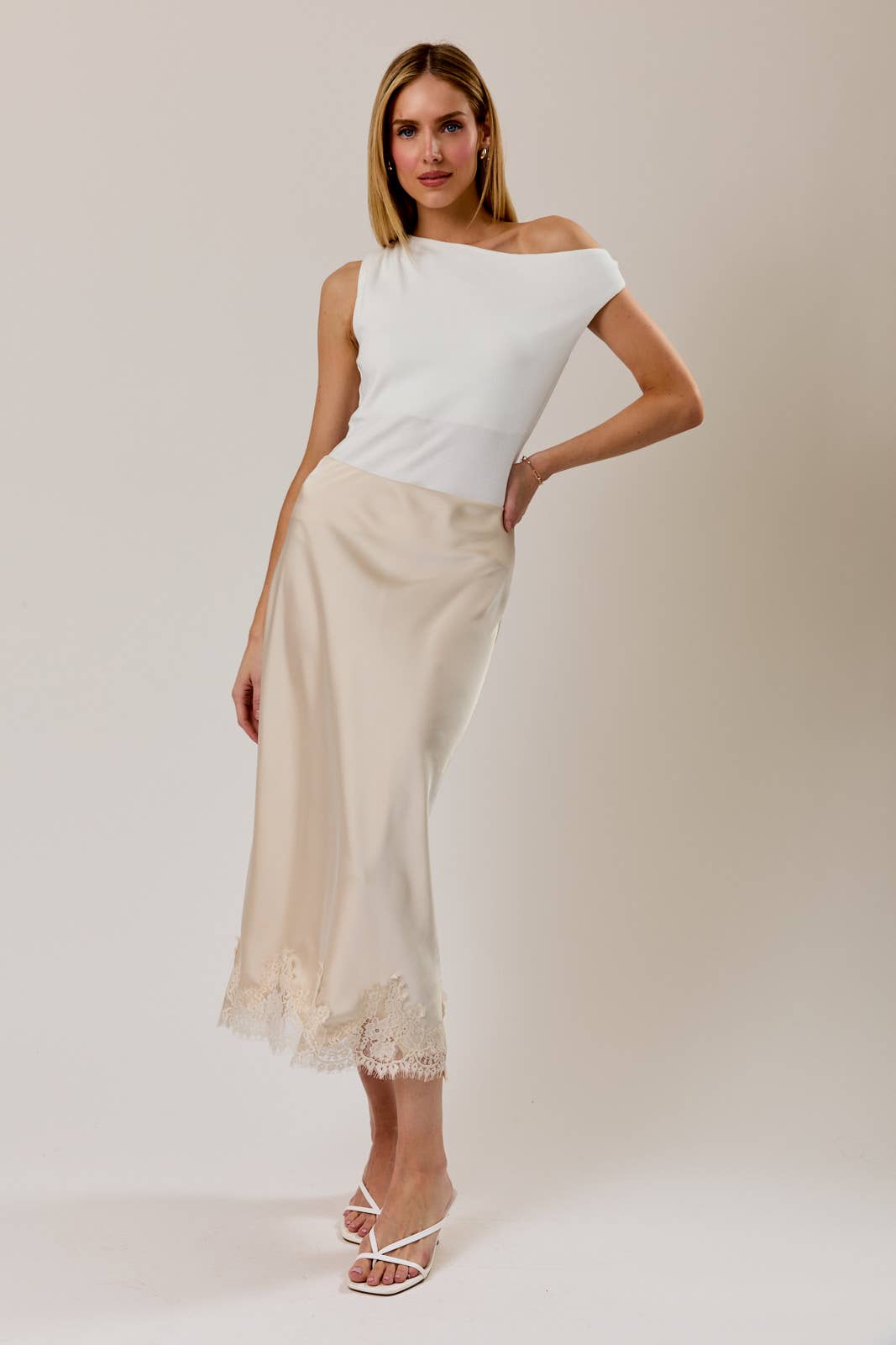 LACE APPLIQUE SATIN BIAS MIDI SKIRT