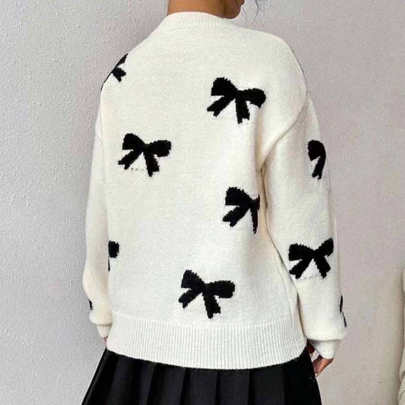 Elegant Round Neck Bow Jacquard Knit Sweater DP25E528