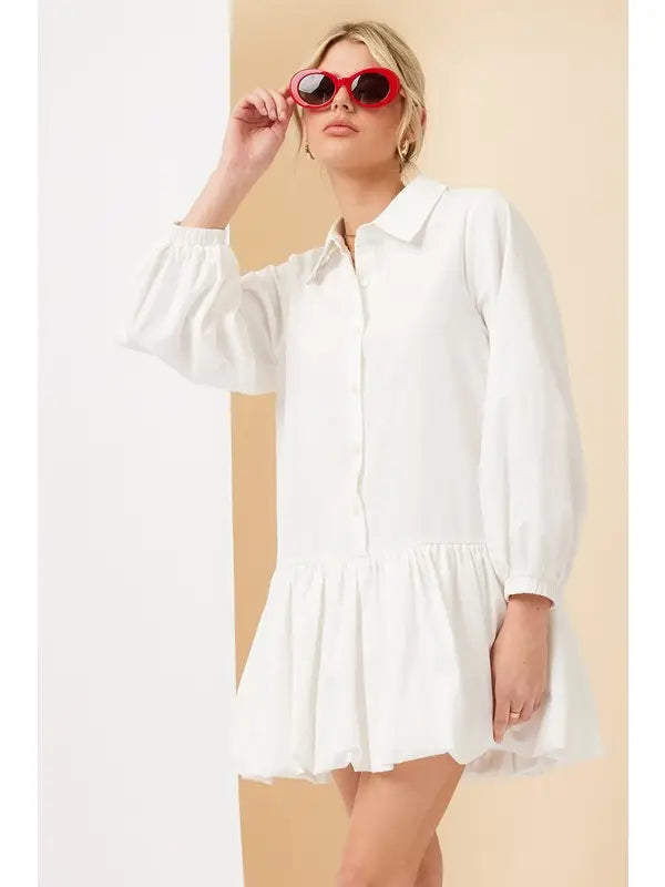 SHIRT BUBBLE HEM MINI DRESS- OFF WHITE