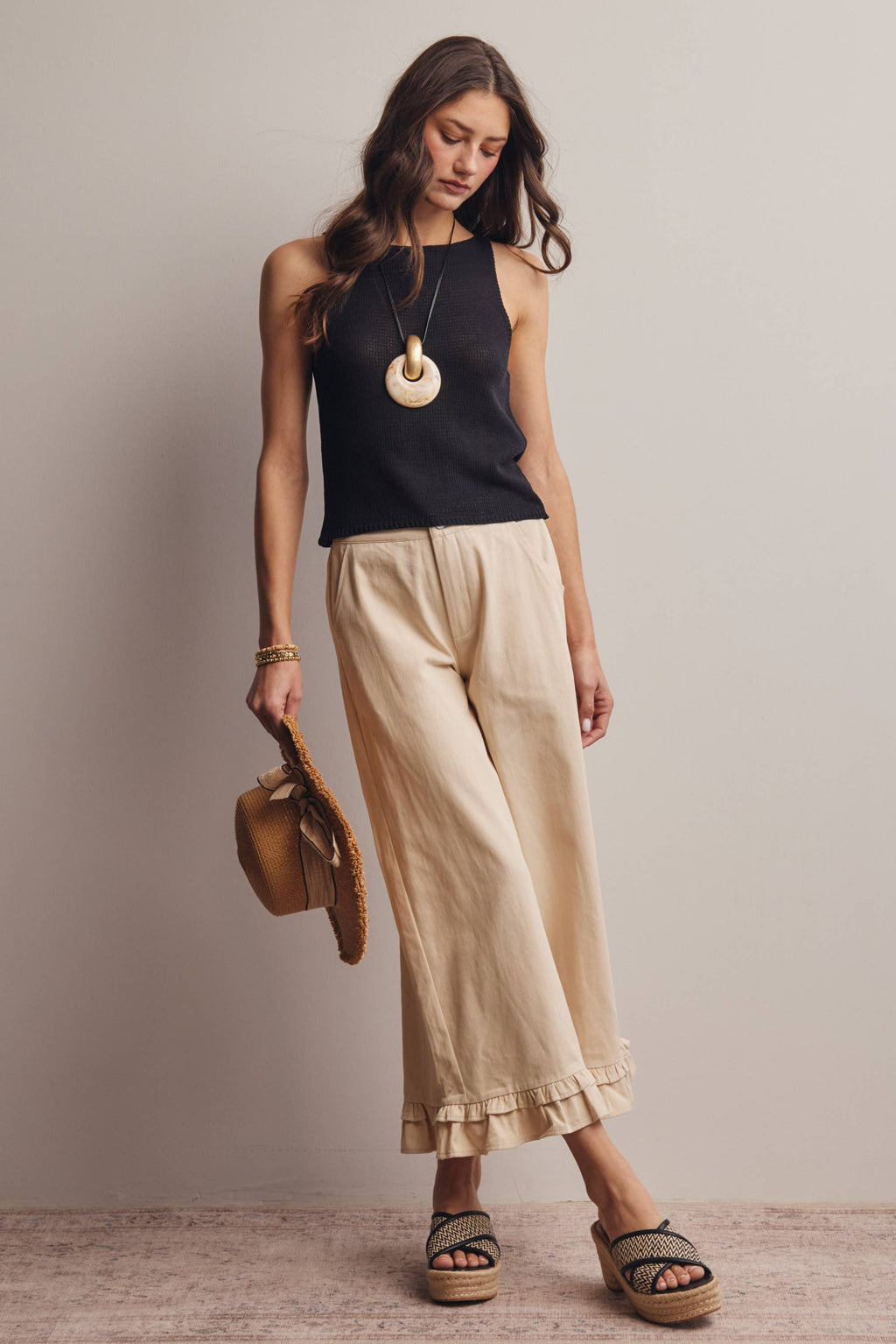 High-Waisted Wide-Leg Boho Pants with Ruffle Hem