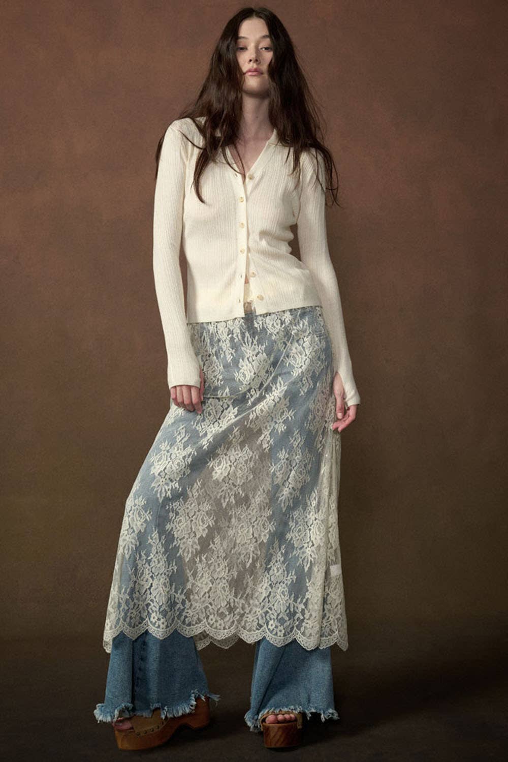 Sheer Floral Lace Layering Midi Skirt
