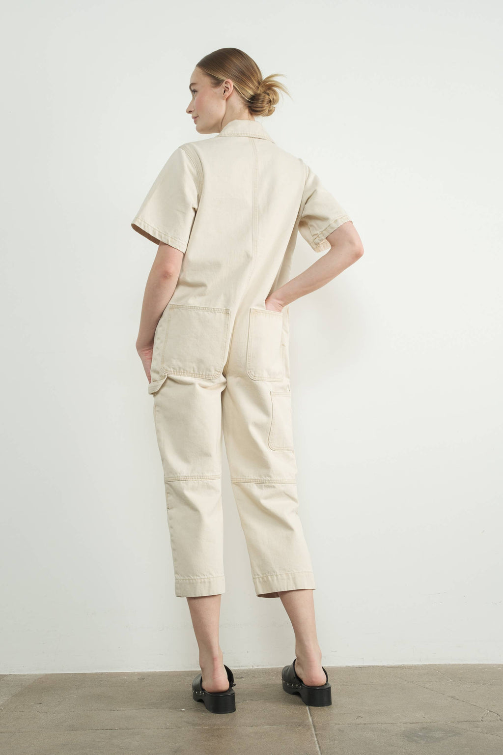 IVORY DENIM SHORT SLEEVES COLLARED JUMPSUIT