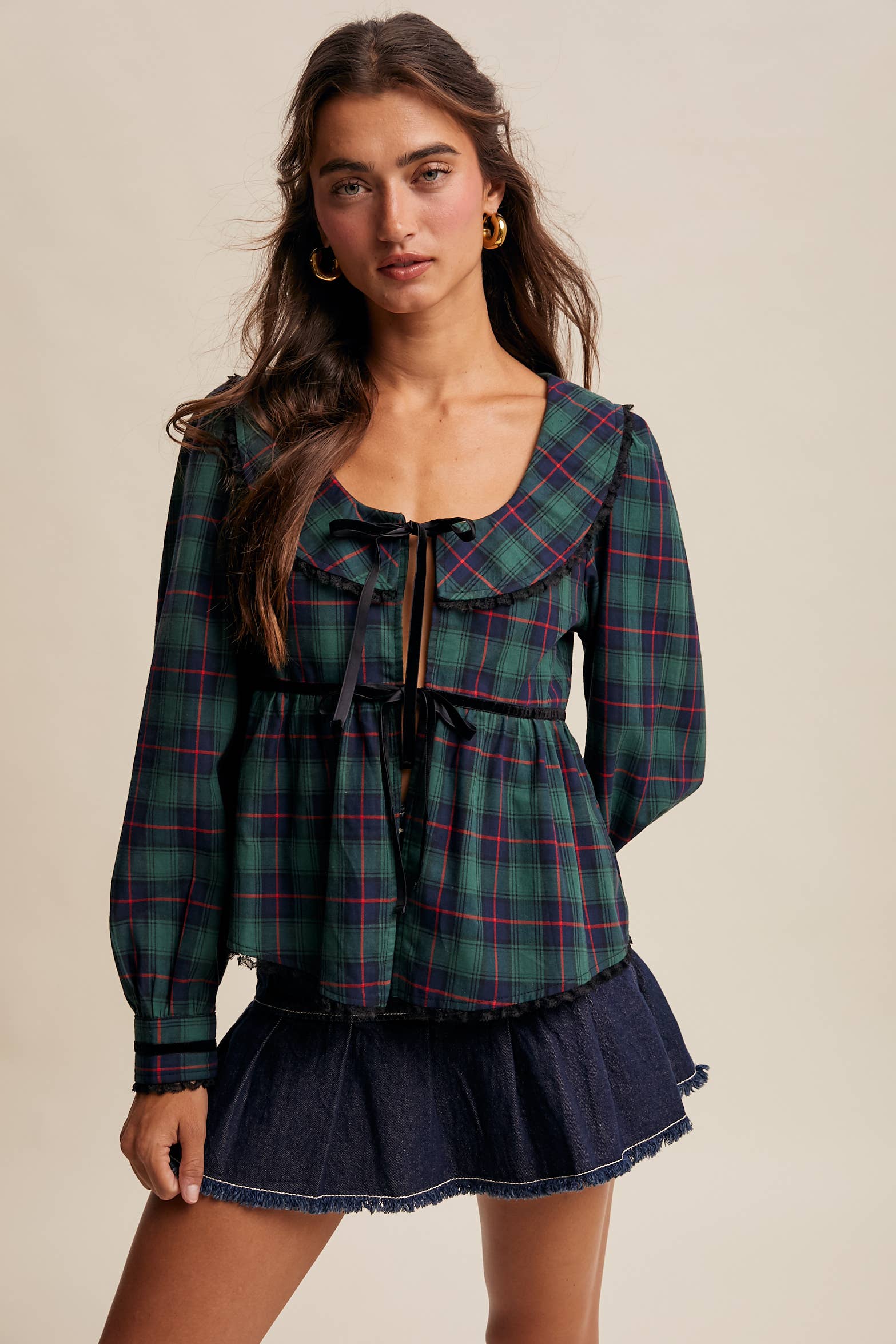 Plaid Velvet Trim Holiday Blouse LT1446