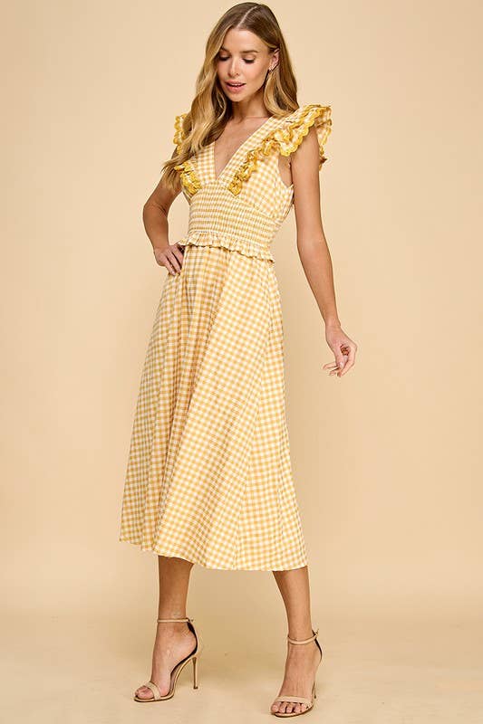 Gingham Ruffled V Neckline Midi Dress