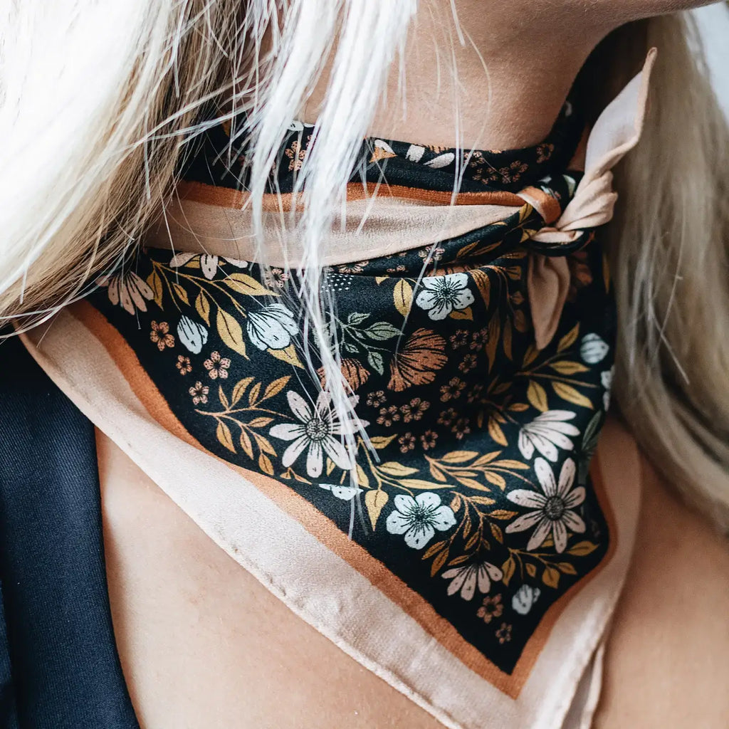 Midnight Garden Silk Bandana Scarf 23" Floral Accessory