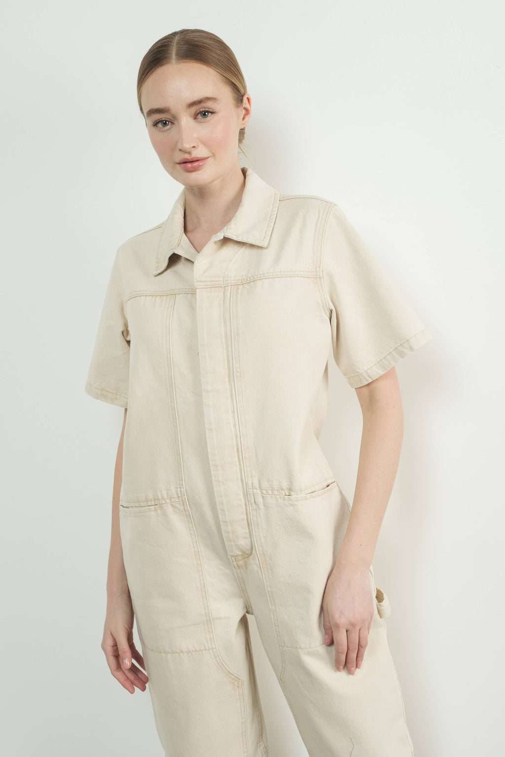 IVORY DENIM SHORT SLEEVES COLLARED JUMPSUIT
