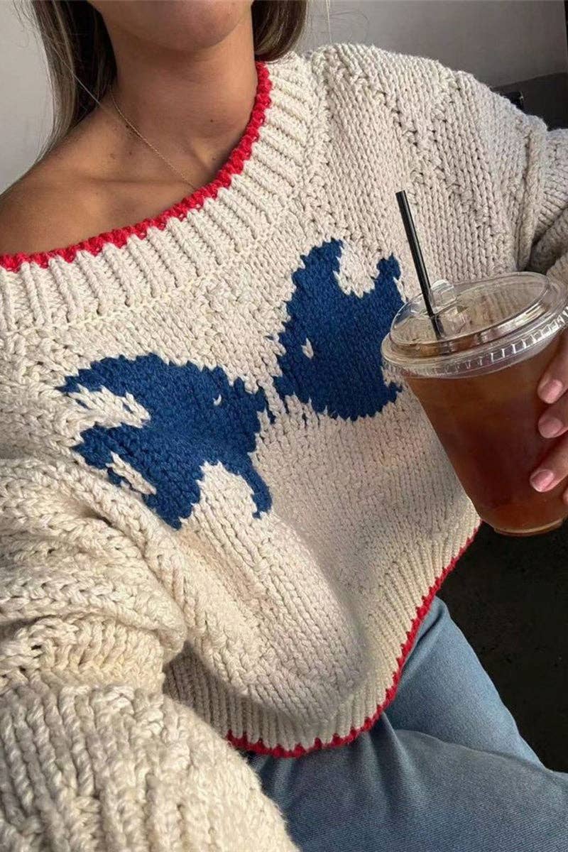 Oversized Knit Sweater with Red Trim