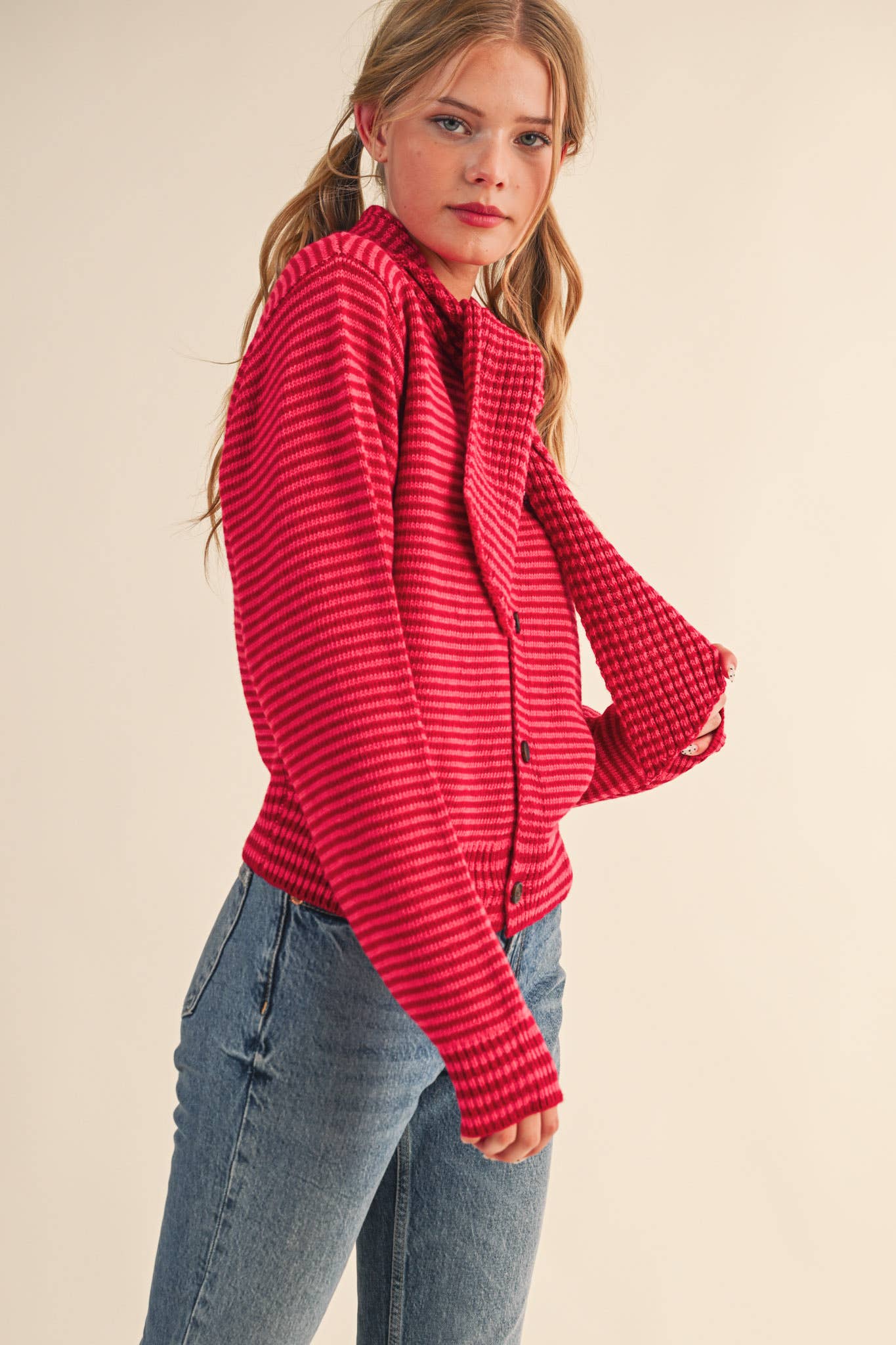 STRIPED TYING NECK SWEATER CARDIGAN MSW11125