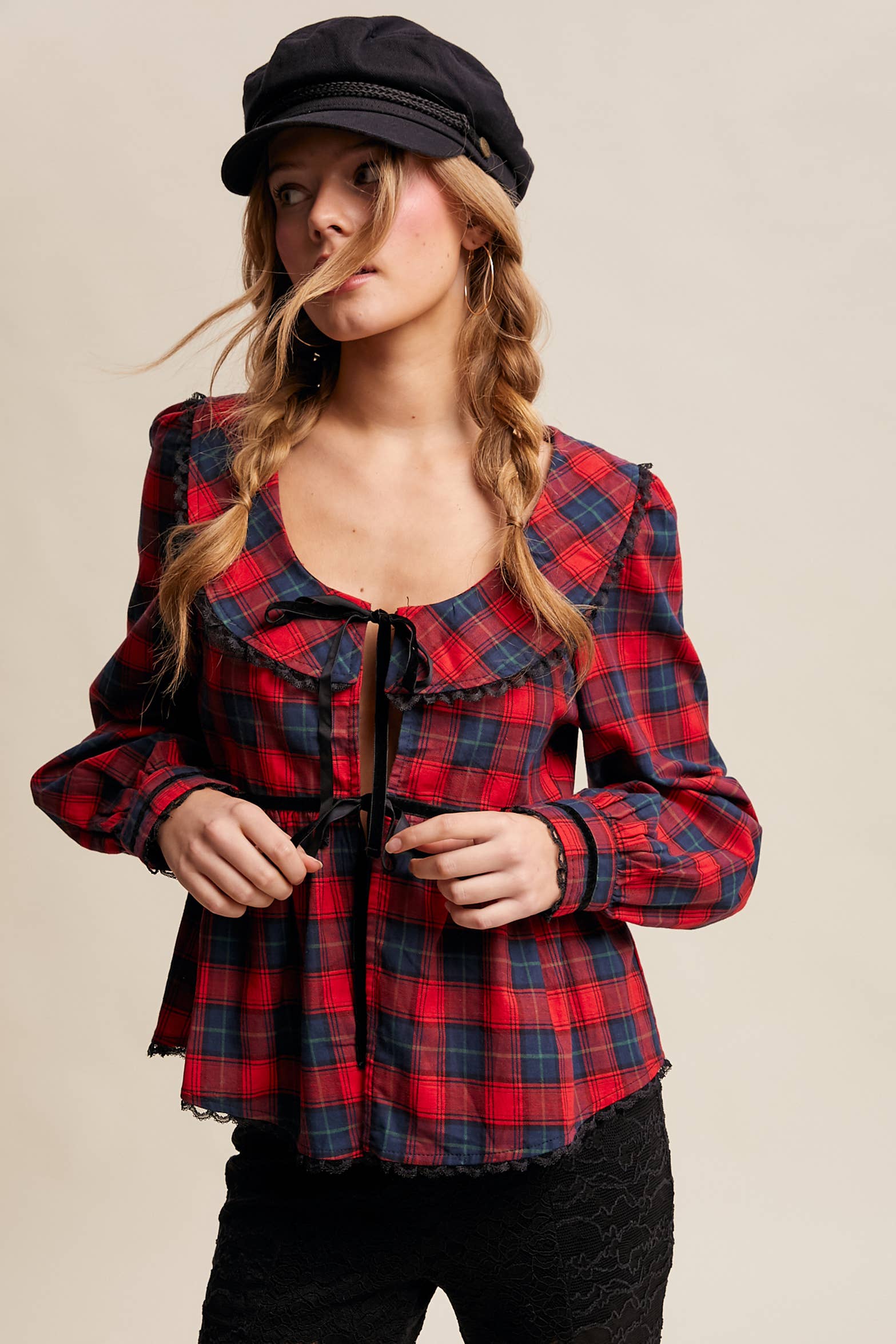 Plaid Velvet Trim Holiday Blouse LT1446