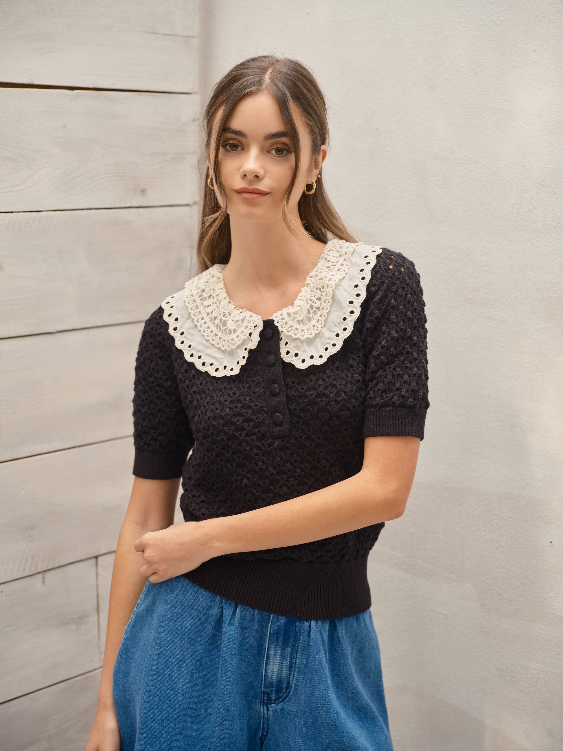 LACE COLLAR CROCHET SHORT SLEEVE SWEATER TOP