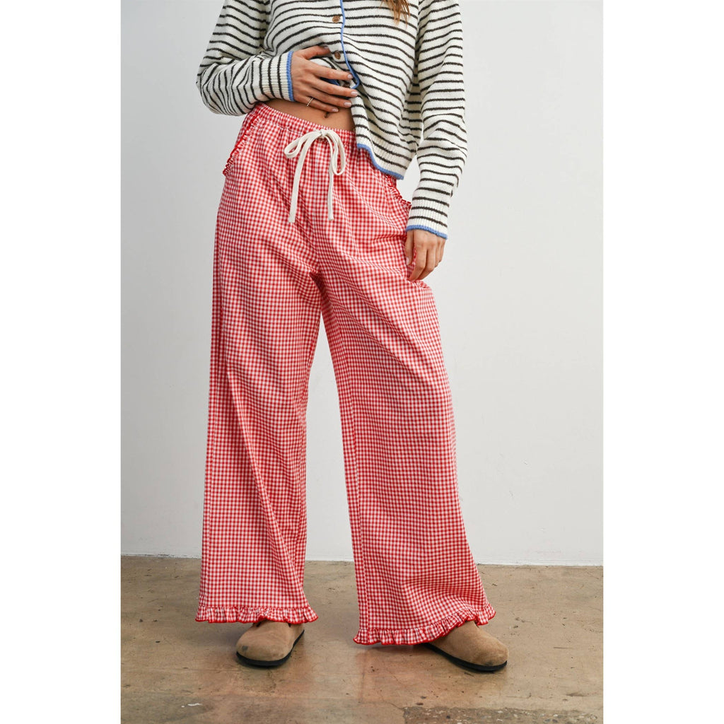 Gingham Ruffle Hem Cropped Pants