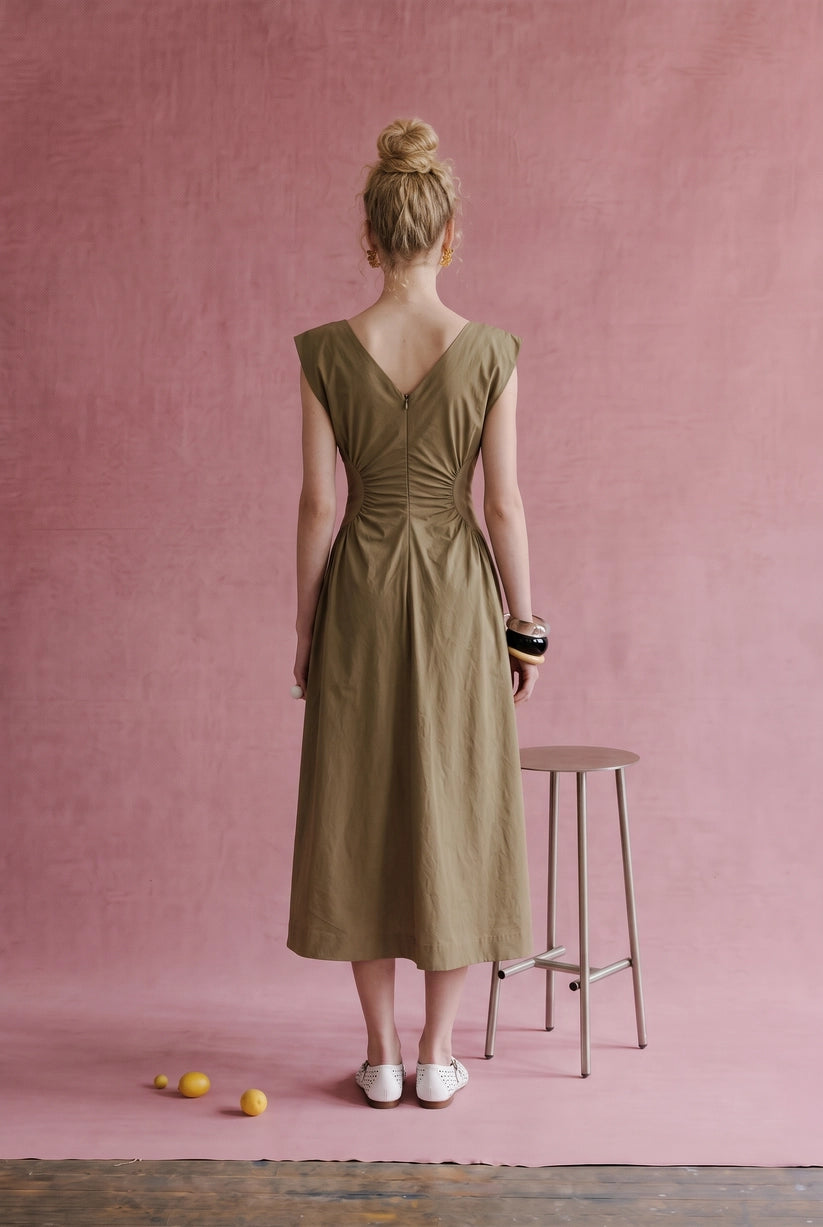 Side Panel V-Neck Back Midi Dress
